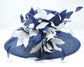 Navy Blue Sinamay Derby Hat: Feather Flowers, Wide Brim