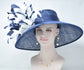 Navy Blue Sinamay Derby Hat: Feather Flowers, Wide Brim