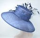 Navy Blue Sinamay Derby Hat: Feather Flowers, Wide Brim