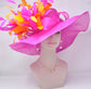 Fuchsia Feather Flower Derby Hat: Orange Accent Sinamay Brim