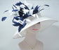 Wide Brim Kentucky Derby Hat, Ascot Hat for Wedding & Tea Party, Garden Party Hat, Mother of the Bride, Church White w Navy Blue