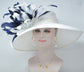 Wide Brim Kentucky Derby Hat, Ascot Hat for Wedding & Tea Party, Garden Party Hat, Mother of the Bride, Church White w Navy Blue