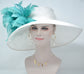 White Sinamay Derby Hat: Turquoise Feather Flowers, Wide Brim