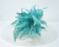 White Sinamay Derby Hat: Turquoise Feather Flowers, Wide Brim