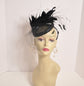 Black Sinamay Fascinator Hat: Goose & Rooster Feather Flowers