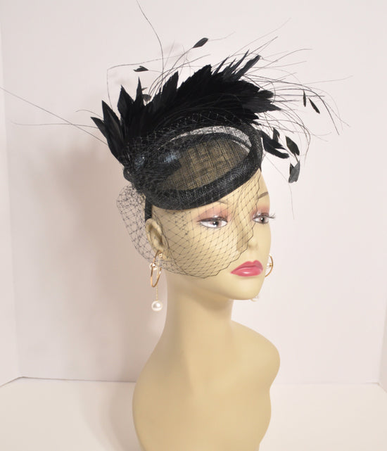 Black Sinamay Fascinator Hat: Goose & Rooster Feather Flowers