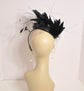 Black Sinamay Fascinator Hat: Goose & Rooster Feather Flowers