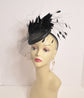 Black Sinamay Fascinator Hat: Goose & Rooster Feather Flowers