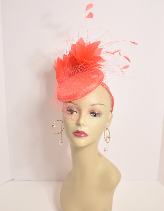 Coral Pink  Sinamay w Goose and Rooster Feather Flowers Fascinator Hat  Made On A Same Color Headband Many Colorful Feathers Available