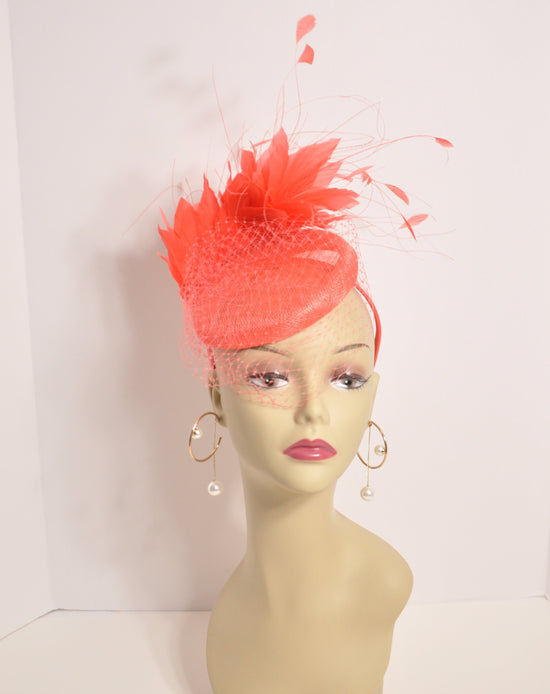 Coral Pink Feather Fascinator Hat, Royal Ascot Headband
