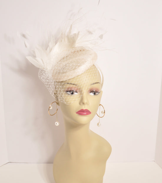 White Sinamay Fascinator Hat: Goose & Rooster Feather Flowers