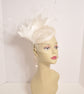 White Sinamay Fascinator Hat: Goose & Rooster Feather Flowers