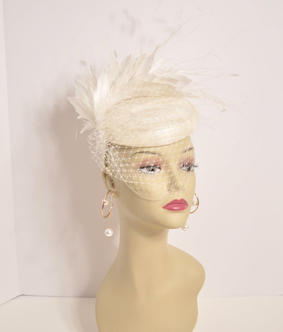 Ivory Sinamay Fascinator Hat: Goose & Rooster Feather Flowers