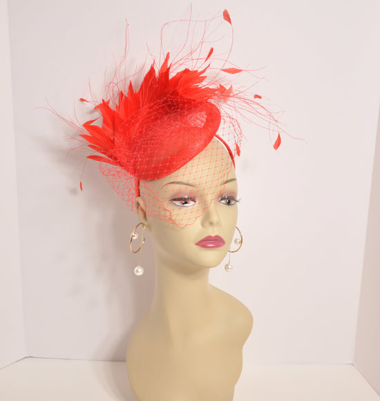 Red Sinamay Fascinator Hat: Goose & Rooster Feather Flowers