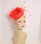 Red Sinamay Fascinator Hat: Goose & Rooster Feather Flowers