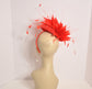 Red Sinamay Fascinator Hat: Goose & Rooster Feather Flowers