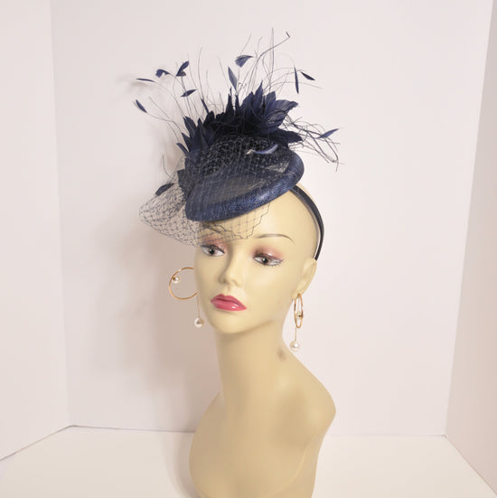 Navy Blue  Sinamay w Goose and Rooster Feather Flowers Fascinator Hat  Made On A Same Color Headband Many Colorful Feathers Available