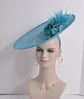 Aqua  Sinamay Disc Fascinator Hat with Same Color  Handmade Silk Flowers and Feathers