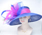 Royal Blue Sinamay Derby Hat: Hot Pink Feather Flowers & Peacock Feathers