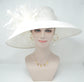 White Sinamay Kentucky Derby Hat: Feather Flowers Wide Brim