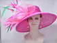 Hot Pink Sinamay Derby Hat: Feather Flower Wide Brim Ascot Fascinator