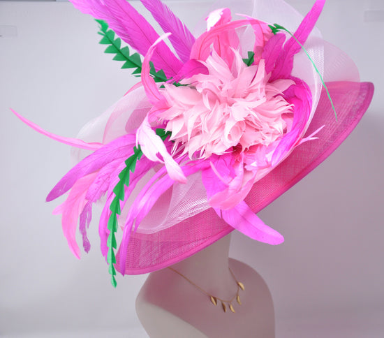 Hot Pink Sinamay Derby Hat: Feather Flower Wide Brim Ascot Fascinator