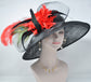 Black Sinamay Kentucky Derby Hat: Red Feather Flowers, Peacock Feathers