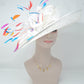White Sinamay Derby Hat: Wide Brim Feathered Church Wedding Hat