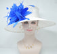 Sinamay Derby Hat: White Wide Brim with Royal Blue Feathers