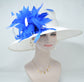 Sinamay Derby Hat: White Wide Brim with Royal Blue Feathers
