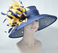 Navy Sinamay Derby Hat: Gold Feather Flowers, Wide Brim