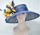 Navy Sinamay Derby Hat: Gold Feather Flowers, Wide Brim