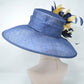 Navy Sinamay Derby Hat: Gold Feather Flowers, Wide Brim