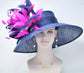 Navy Sinamay Derby Hat: Hot Pink Feather Flowers, Wide Brim