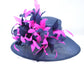 Navy Sinamay Derby Hat: Hot Pink Feather Flowers, Wide Brim