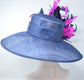 Navy Sinamay Derby Hat: Hot Pink Feather Flowers, Wide Brim