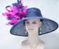 Navy Sinamay Derby Hat: Hot Pink Feather Flowers, Wide Brim