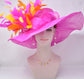 Fuchsia Feather Flower Derby Hat: Orange Accent Sinamay Brim