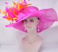 Fuchsia Feather Flower Derby Hat: Orange Accent Sinamay Brim