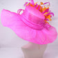 Fuchsia Feather Flower Derby Hat: Orange Accent Sinamay Brim