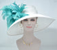 White Sinamay Derby Hat: Turquoise Feather Flowers, Wide Brim