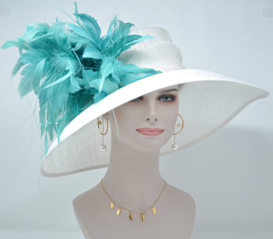 White Sinamay Derby Hat: Turquoise Feather Flowers, Wide Brim