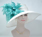 White Sinamay Derby Hat: Turquoise Feather Flowers, Wide Brim