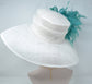 White Sinamay Derby Hat: Turquoise Feather Flowers, Wide Brim