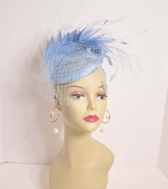 Powder Blue Feather Fascinator Hat: Sinamay Headband, Royal Ascot Races