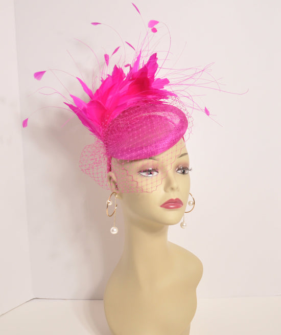 Hot Pink Sinamay Fascinator Hat: Rooster Feather Flowers Headband