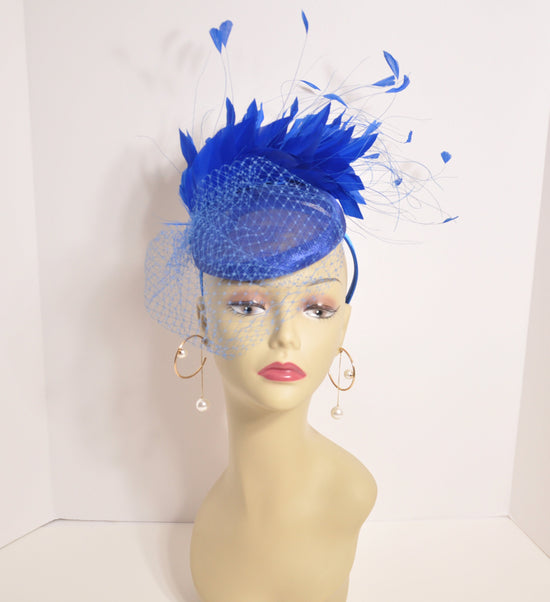 Royal Blue  Sinamay w Goose and Rooster Feather Flowers Fascinator Hat  Made On A Same Color Headband Many Colorful Feathers Available