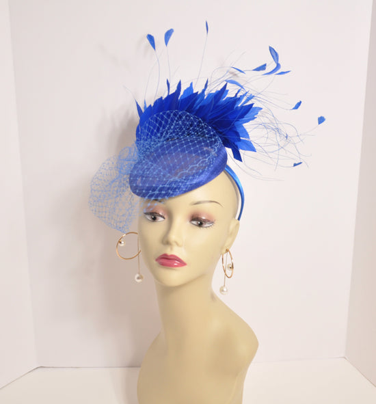 Royal Blue Feather Fascinator Hat, Sinamay Headband