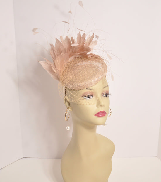Champagne Sinamay Fascinator Hat: Feather Flowers, Headband