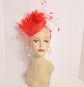 Red Sinamay Fascinator Hat: Goose & Rooster Feather Flowers